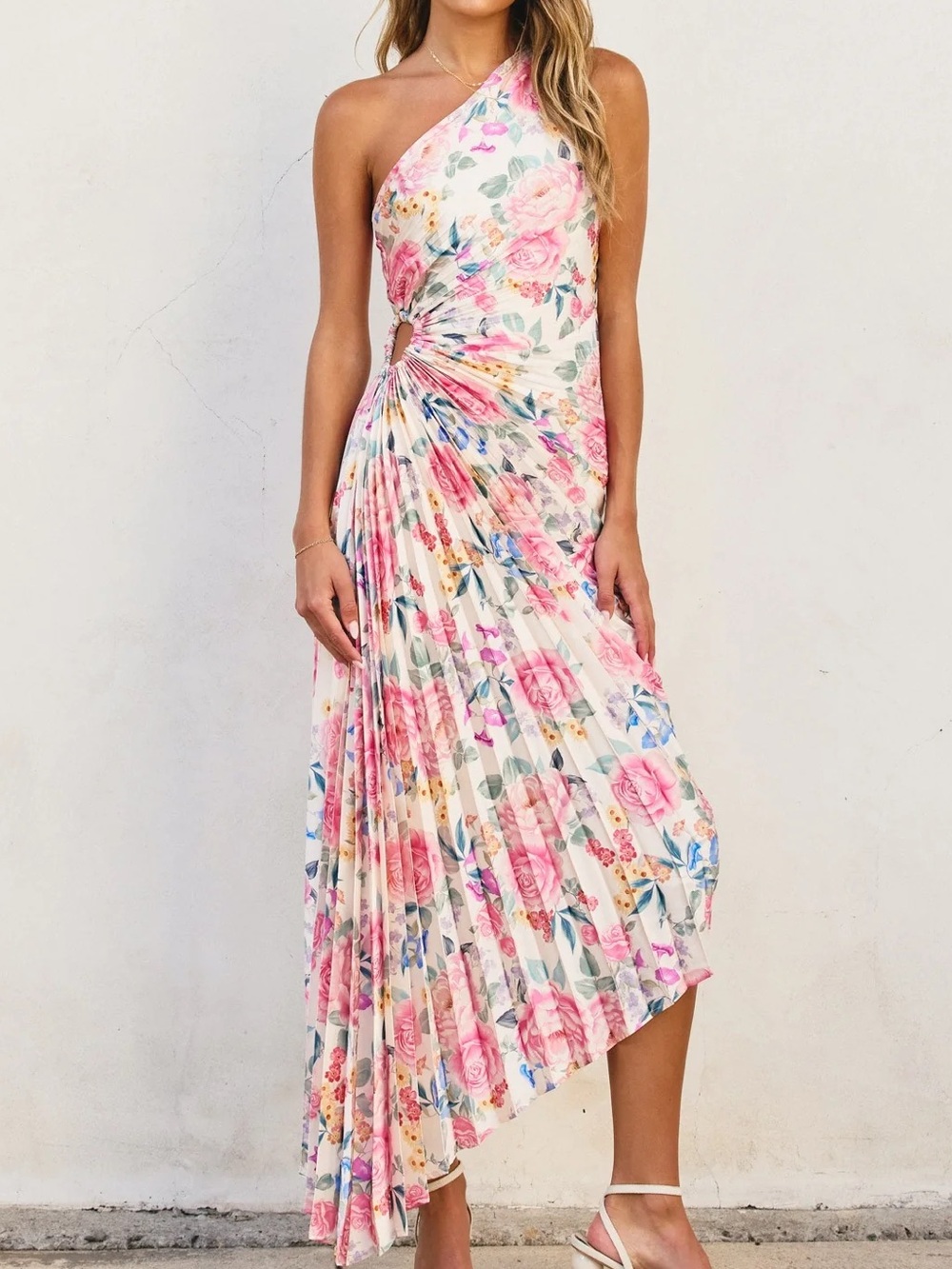 Dress Forum Floral Asymmetrical Pleated Maxi Dress One Shoulder Pink Rainbow NEW